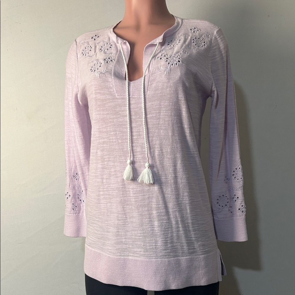 Loft Tasseled Tie Neck Top T-Shirt 100%Cotton Embroidered Long Sleeve Sz S - Picture 6 of 14